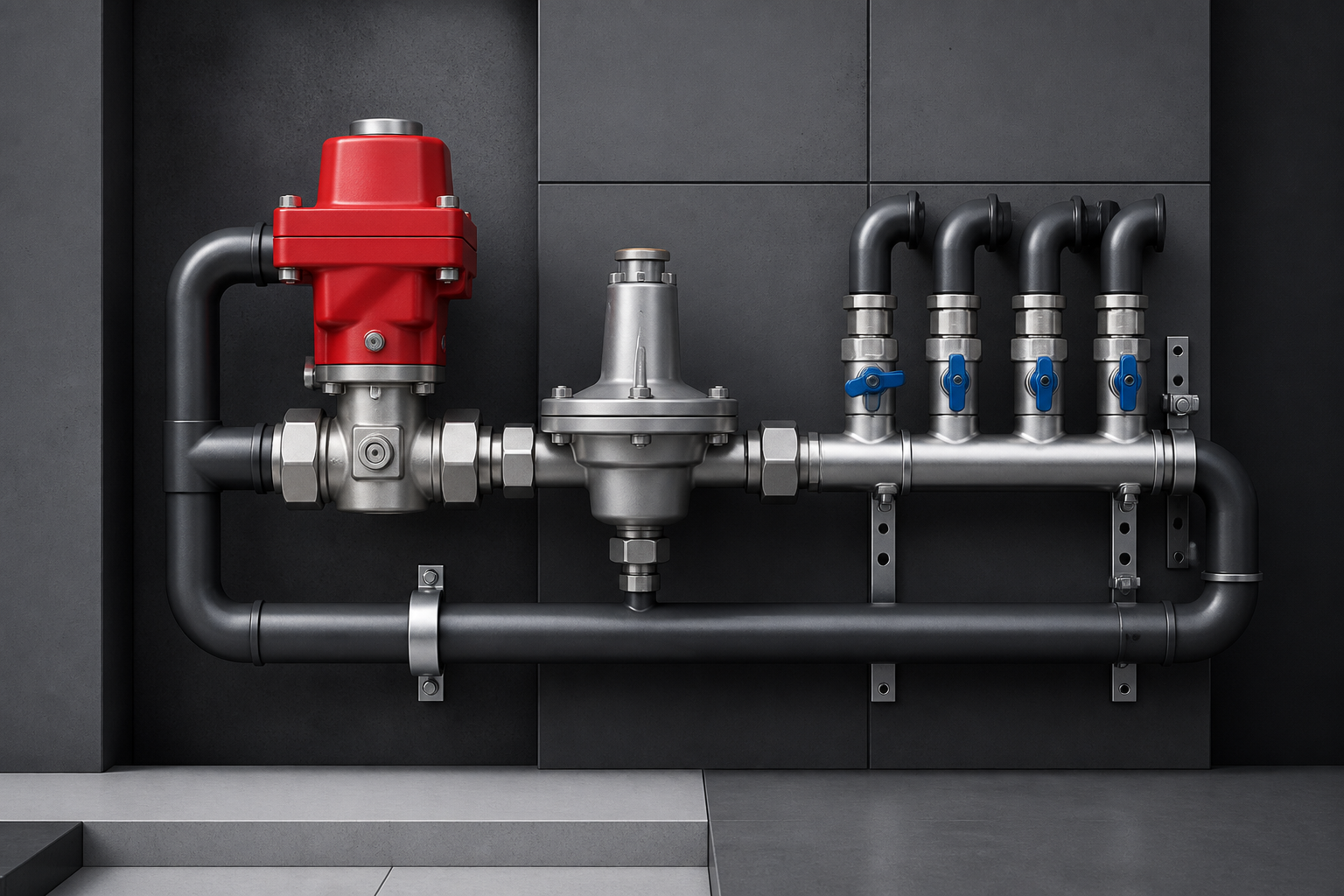 Concept illustration of a gas shutoff and utility pipe manifold